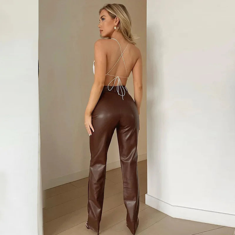 2023 New Women's High Waist PU Imitation Leather Straight Leg Leather Pants Loose Fashion Casual Pants Brown/Black