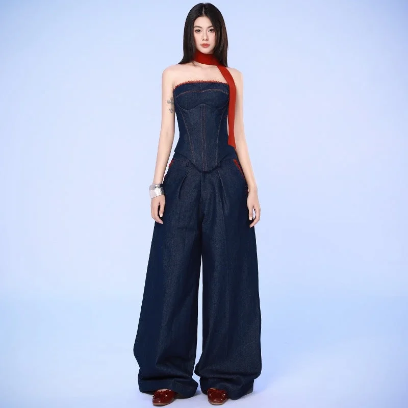 Ins Style 2024 Autumn New Fashion Trendy Denim Bandeau Vest Women Loose Wide Leg Long Pants Set Suit