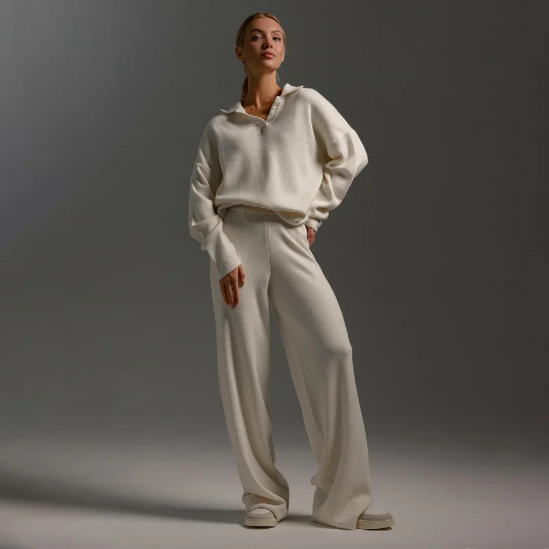 Knitted Set Autumn Winter Sweater Set Polo Neck Knitted Pullover + Wide Leg Long Pants Two-Piece Suit