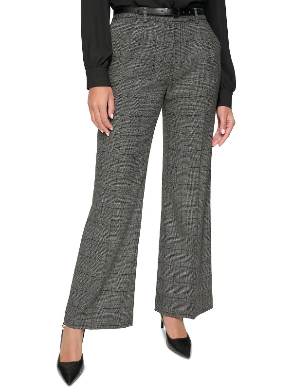 Petites Womens High Rise Glen Plaid Wide Leg Pants