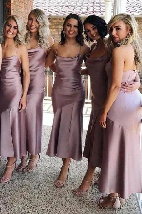 Cowl Neck Mermaid Long Mauve Bridesmaid Dress with Slit