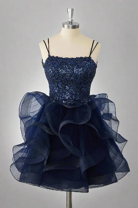 Double Straps Navy Sequin Ruffle Tiered Homecoming Dress