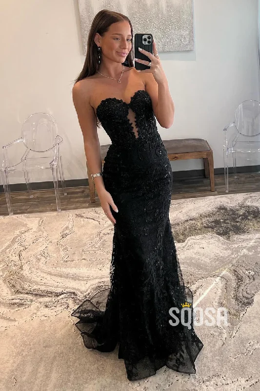 Mermaid Strapless Applique Black Long Prom Dress Evening Gowns QP3183