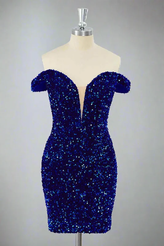 Fitted Royal Blue Off-the-Shoulder Sequin Mini Dress