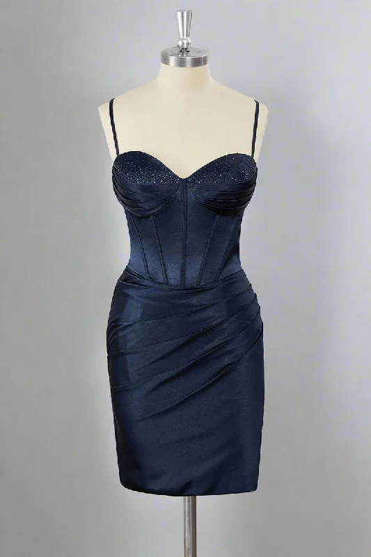 Lace-Up Sweetheart Navy Blue Ruched Homecoming Dress