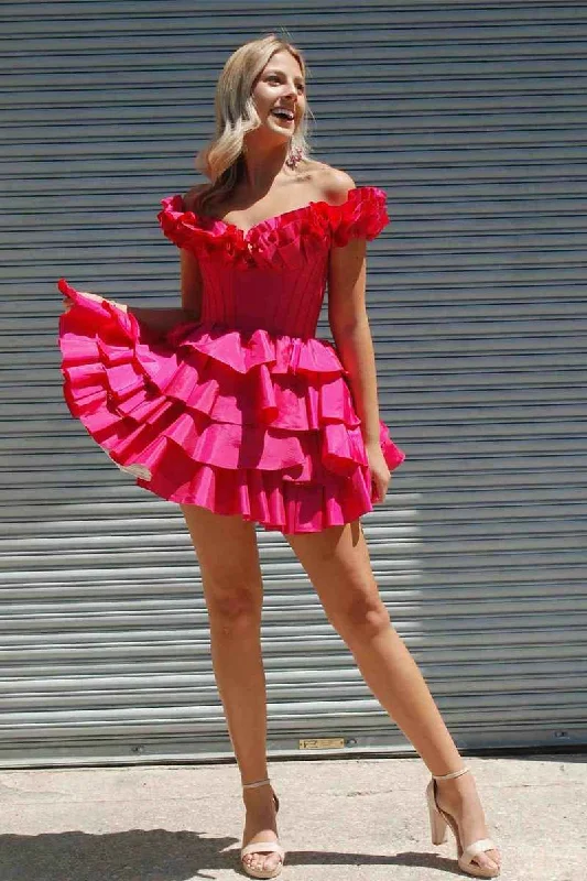 Off the Shoulder Fuchsia Tiered A-Line Homecoming Dress