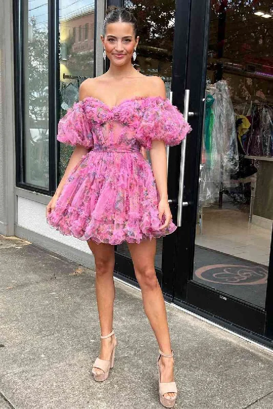 Off the Shoulder Hot Pink Corset Floral Ruffle Homecoming Dress