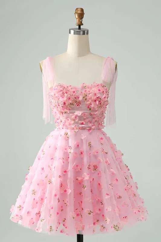 Pink Tie Straps Corset 3D Floral Short Homecoming Dress