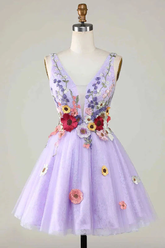 Plunging Neck Lavender Floral Backless Short Floral Dress