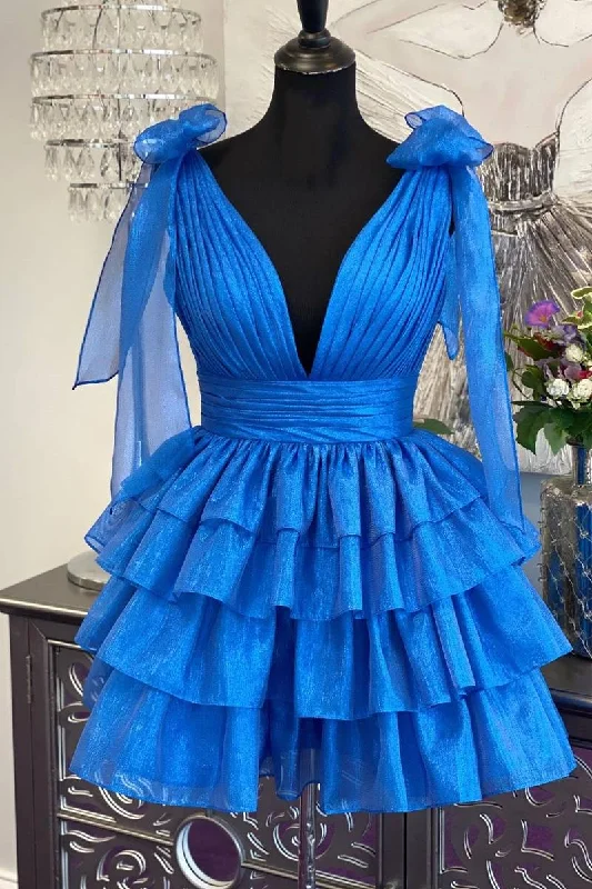 Plunging V-Neck Royal Blue Bow Straps Ruffle Homecoming Dress