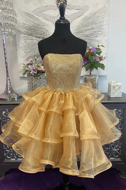 Princess Gold Strapless A-Line Ruffle Dress