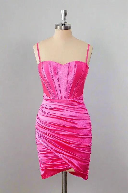 Sheath Hot Pink Straps Pleated Short Homecoming Dress