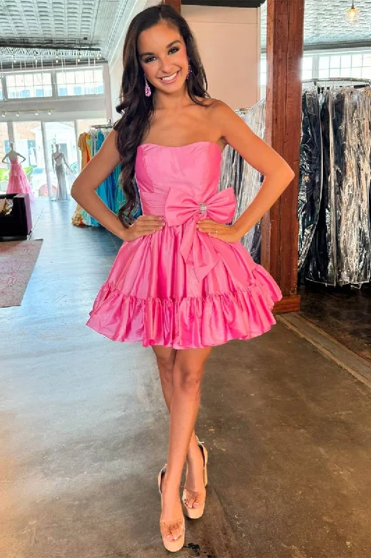 Strapless Pink Taffeta A-line Short Party Dress with Bow