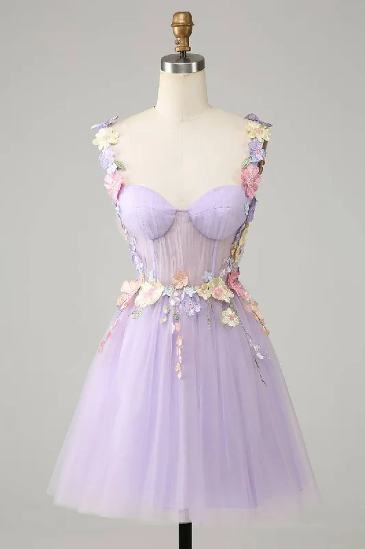 Straps Lavender Corset 3D Flower A-Line Homecoming Dress