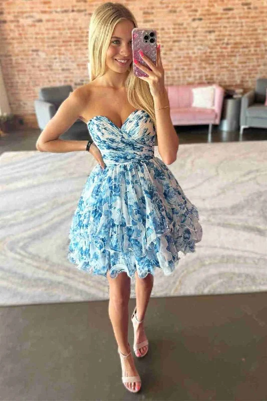 Sweetheart Blue Corset Floral Print Ruffle Short Party Dress