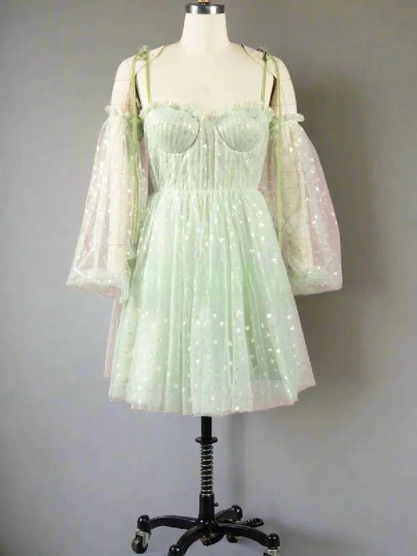 Sweetheart Mint Green Hearty Short Party Dress with Sleeves