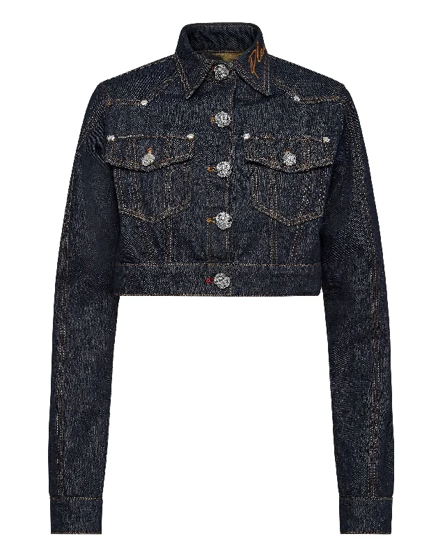 Denim Cropped Jacket Chains