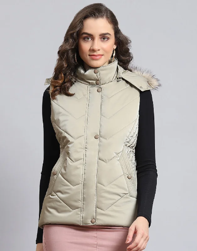 Women Beige Solid Hooded Sleeveless Jacket