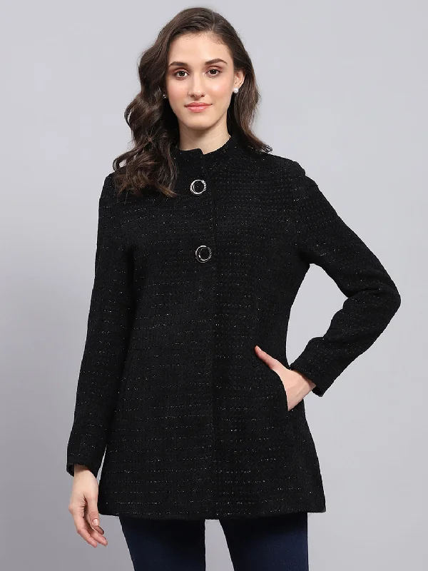 Women Black Self Design Round Neck Full Sleeve Coat