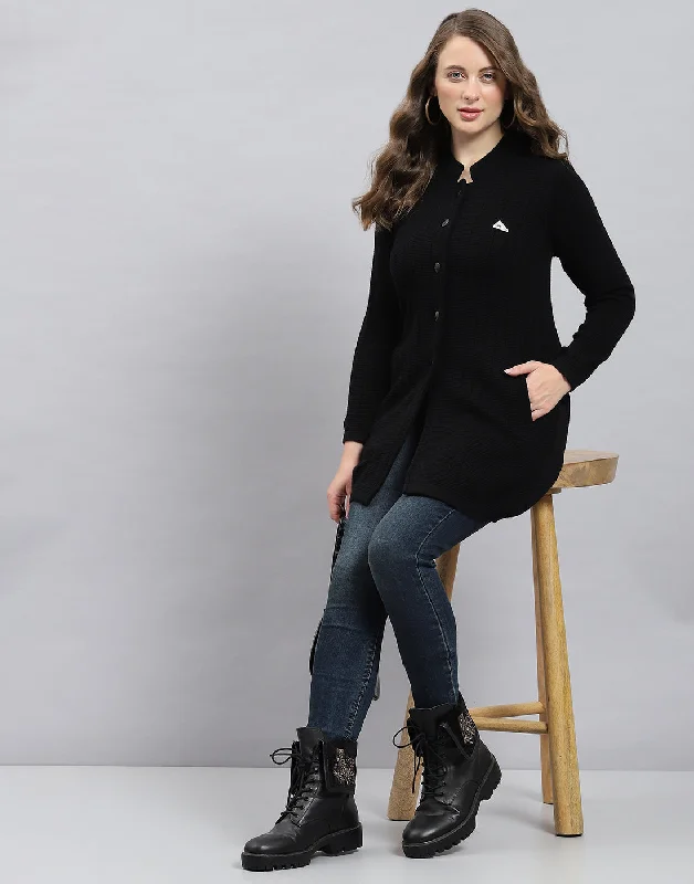 Women Black Self Design Round Neck Full Sleeve Knitted coat