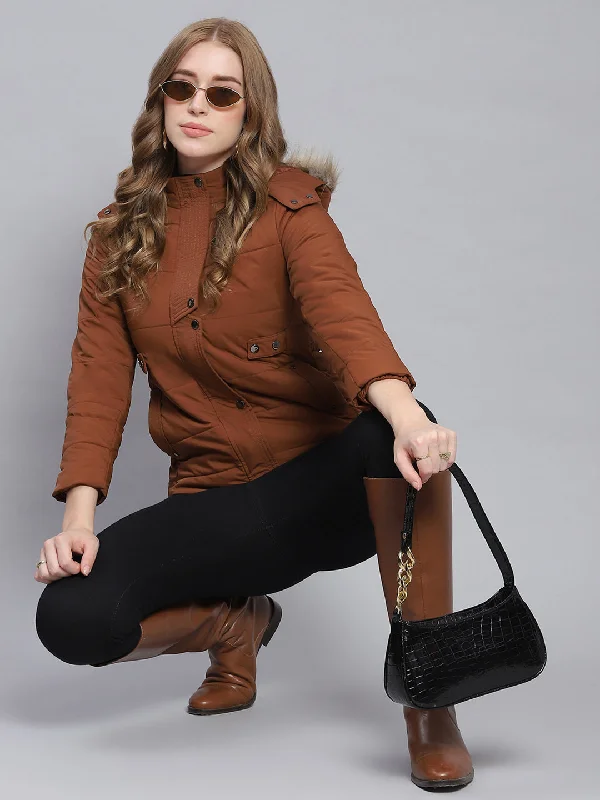 Women Brown Solid Hooded Full Sleeve Jackets