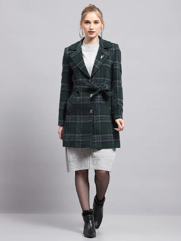 Women Green Check Collar Full Sleeve Coat