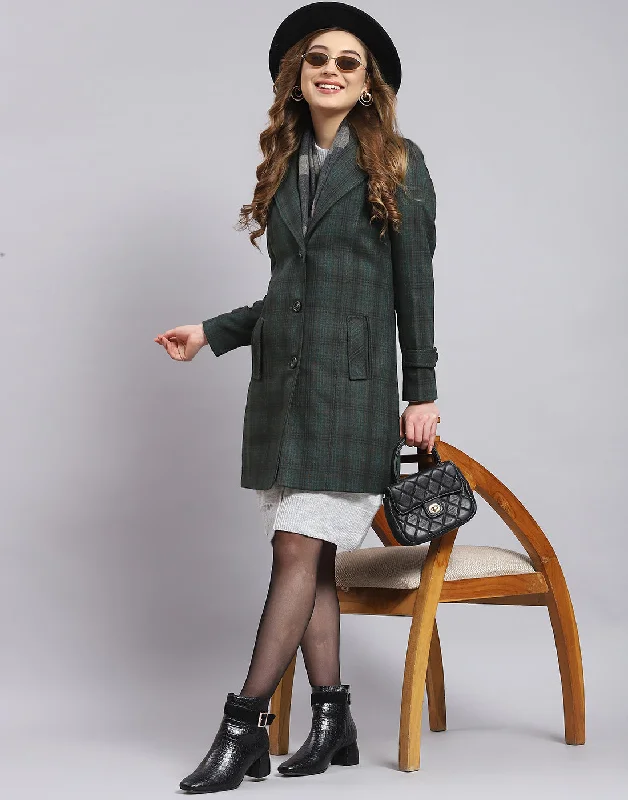 Women Green Check Lapel Collar Full Sleeve Coat