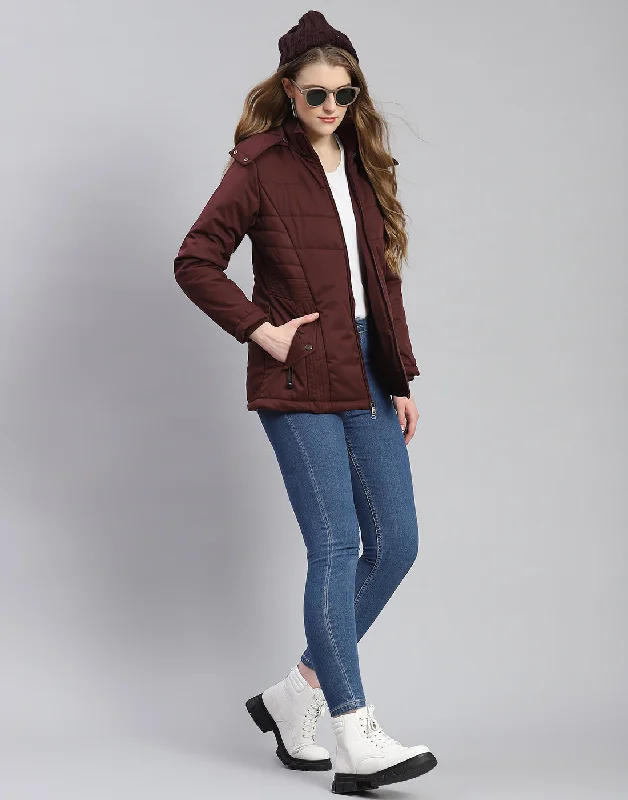 Women Maroon Solid Hooded Full Sleeve Jacket