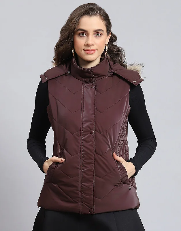 Women Maroon Solid Hooded Sleeveless Jacket