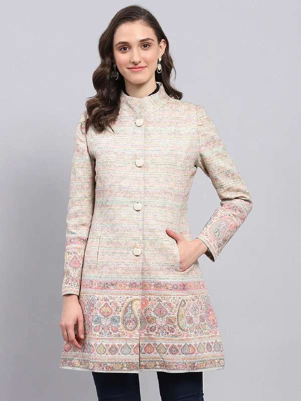 Women Multicolor Woven Design Round Neck Full Sleeve Coat