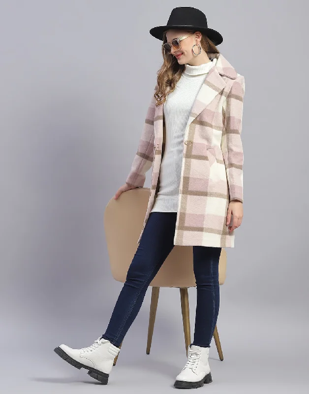 Women Pink Check Lapel Collar Full Sleeve Coat