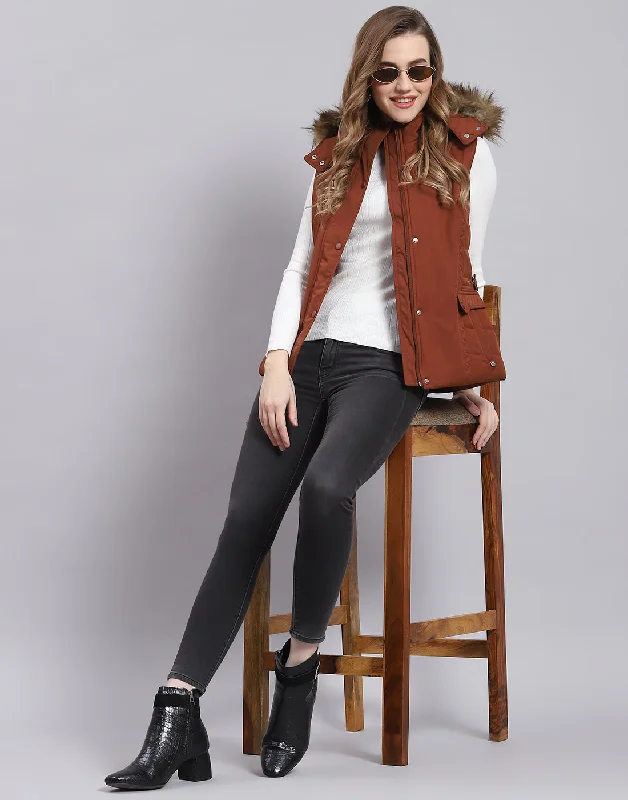 Women Rust Solid Hooded Sleeveless Jacket