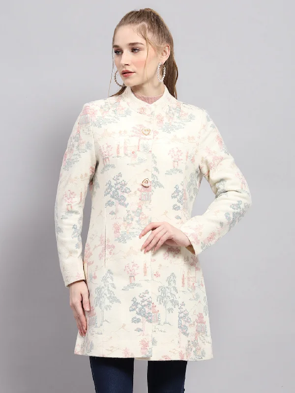 Women White Embroidered Mock Neck Full Sleeve Coat