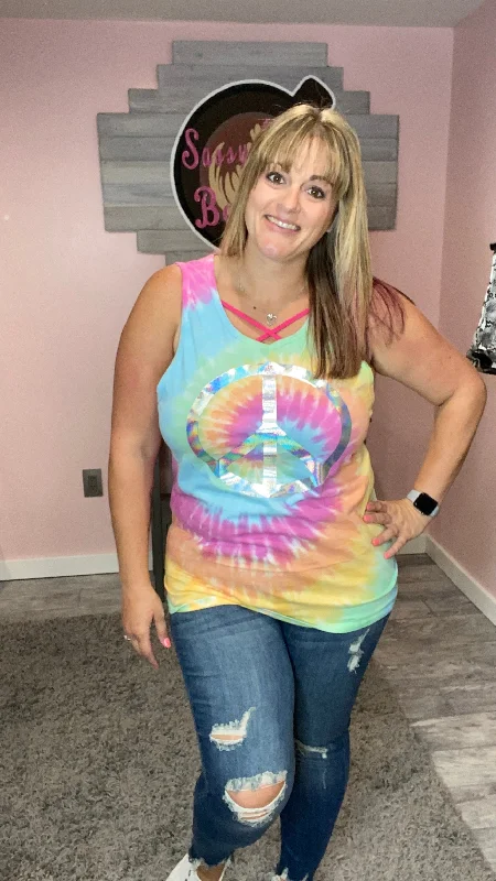 Tie Dye Tank with Holographic Peace Sign