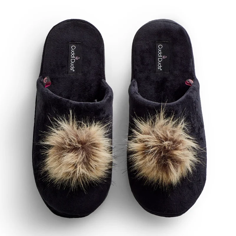 Velour Scuff Slipper with Velour Lining & Faux Fur Pom