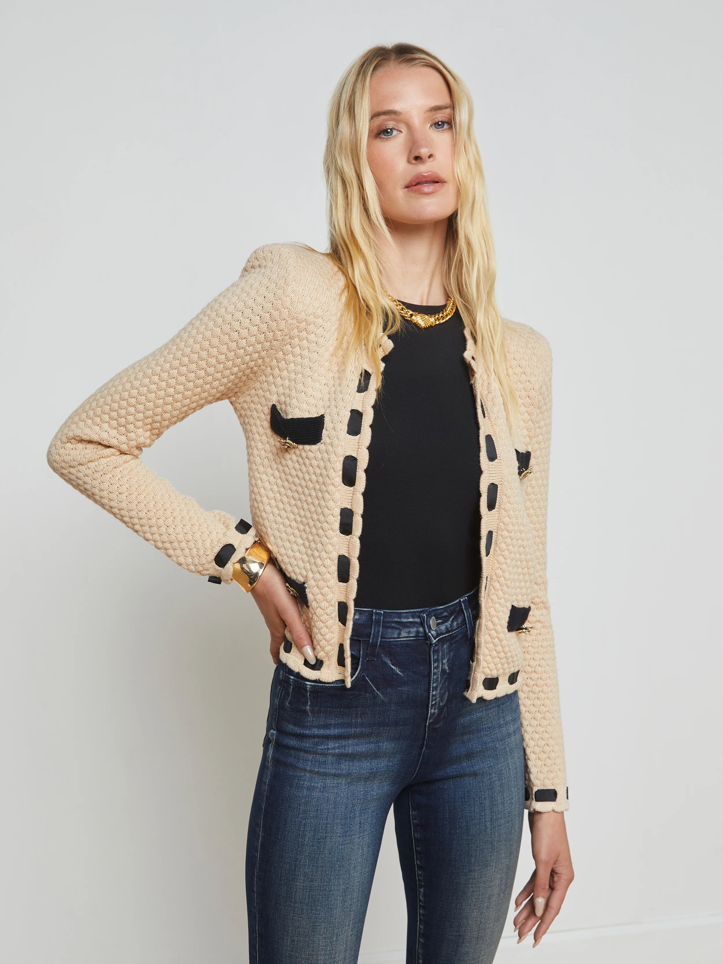 Astor Contrast Trim Cardigan Biscuit/Black