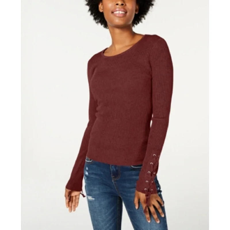 Hooked Up By Iot Juniors' Lace-Up Rib-Knit Sweater Dark Red Size X-Large - XL