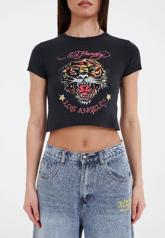 Womens La-Roar-Tiger Cropped Baby T-Shirt - Black