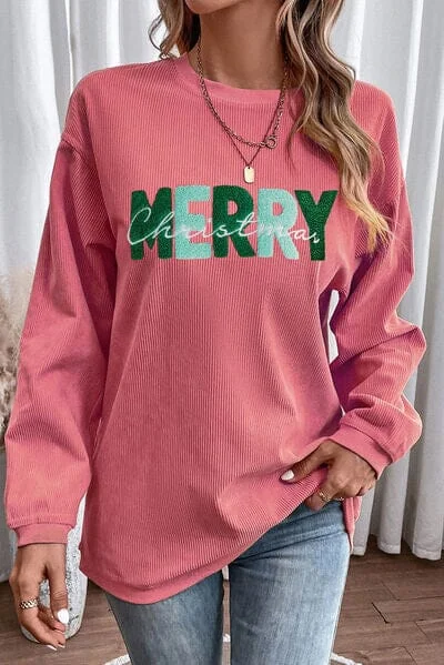 MERRY CHRISTMAS Pink Ribbed Sweatshirt