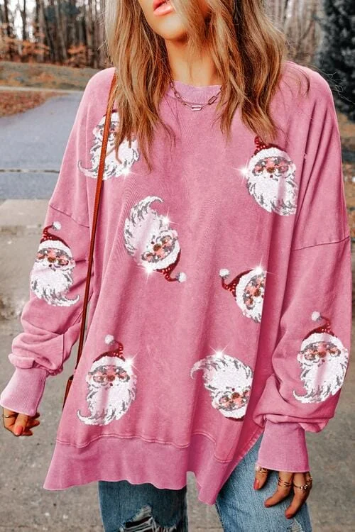 Sequin Santa Pink Drop Shoulder Slit Sweatshirt