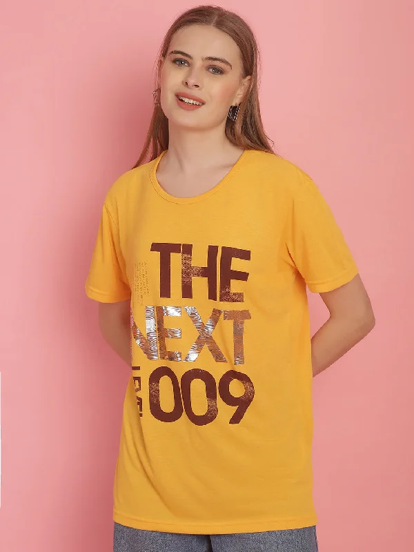 Vimal Jonney Round Neck Cotton Printed Yellow T-Shirt for Women