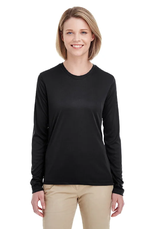 UltraClub Womens Cool & Dry Performance Moisture Wicking Long Sleeve Crewneck T-Shirt - Black