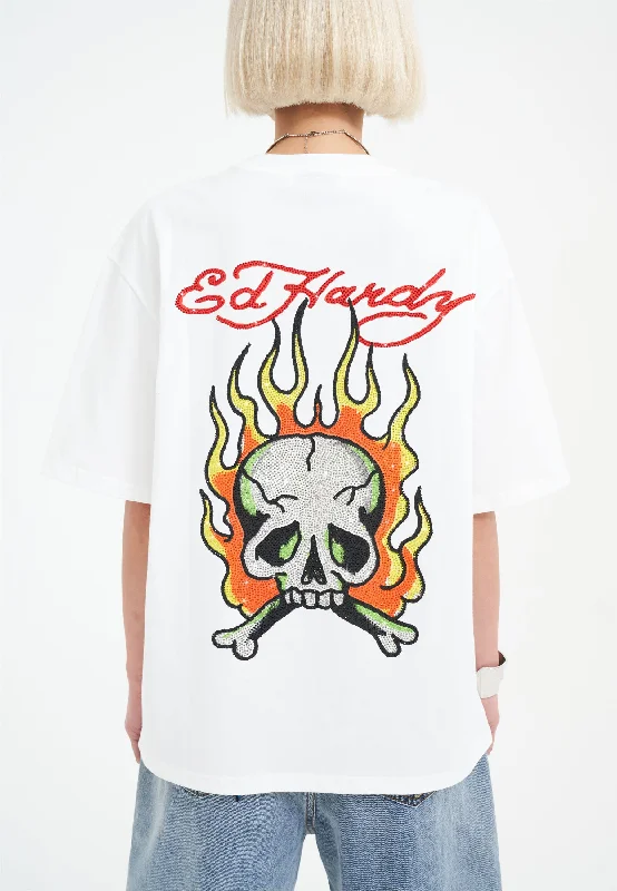 Womens Skull Flame Diamante Tshirt - White