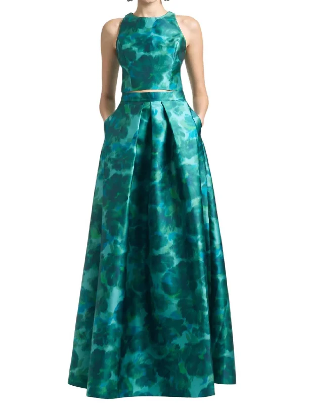 Ava Skirt In Emerald Watercolor Floral