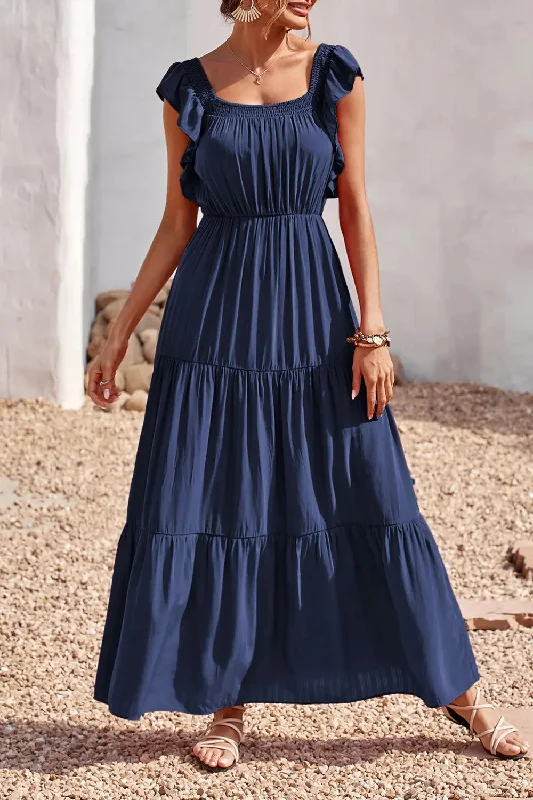 Square Neck Backless Ruffle Hem Long Dress