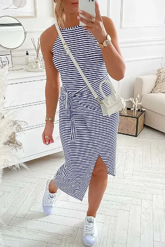 Striped Halter Neck T Shirt Dress Tie Waist Midi Dress