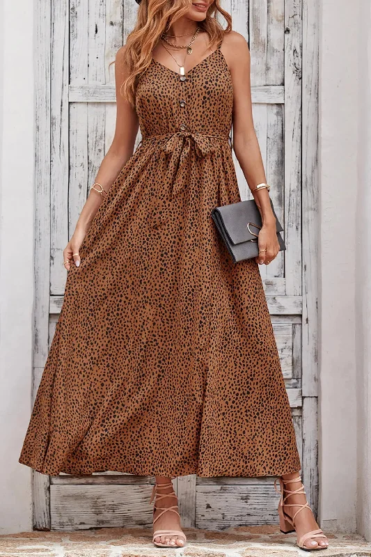 Summer Spaghetti Strap Leopard Split Long Dress